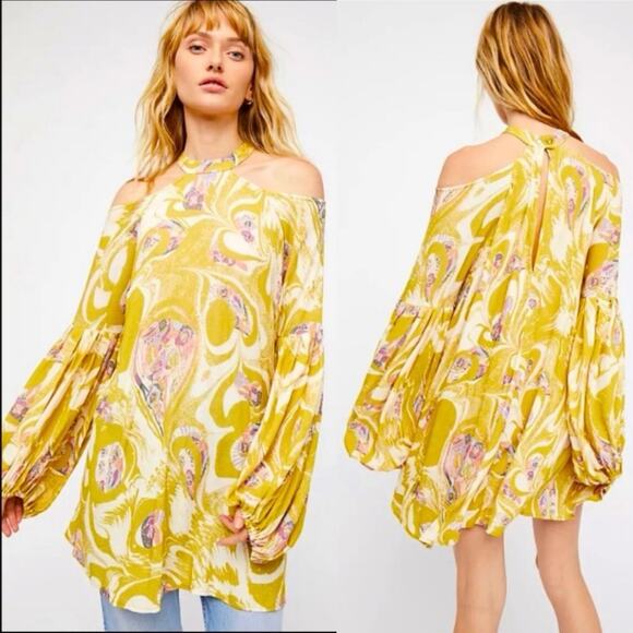 Free People Drift Away Tunic Mini Dress Gold Cold Shoulder Flowy MED NWT - Picture 1 of 12